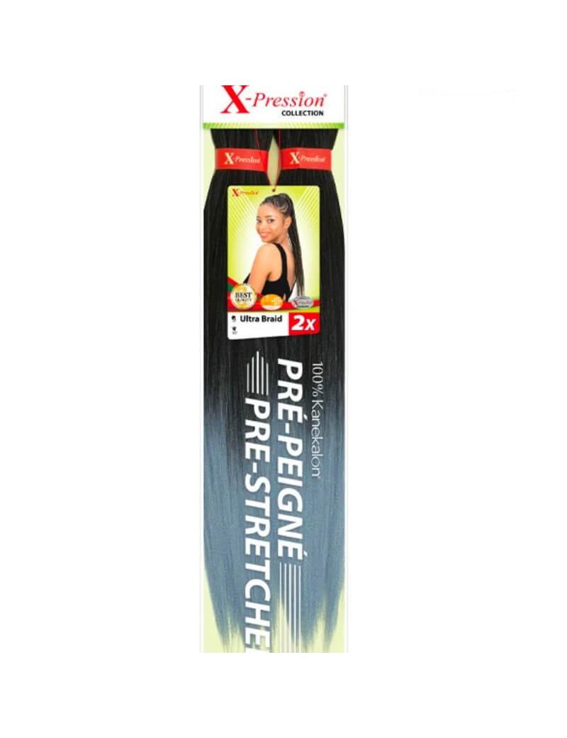 Packaging of X-PRESSION Pre-Stretched hair ties, with an image of a female model demonstrating the use of the product.