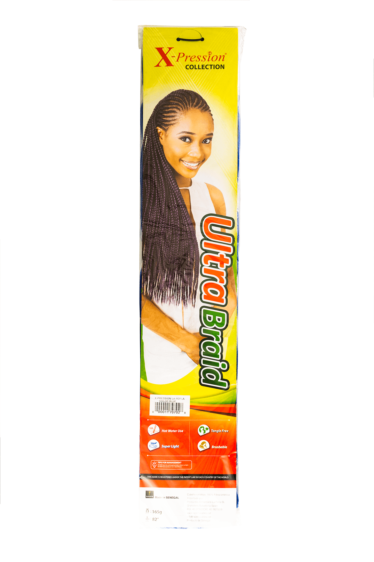 Packaging of X-PRESSION Ultra Braid 46" hair extensions featuring an image of a woman with a braided hairstyle and the product name displayed prominently.