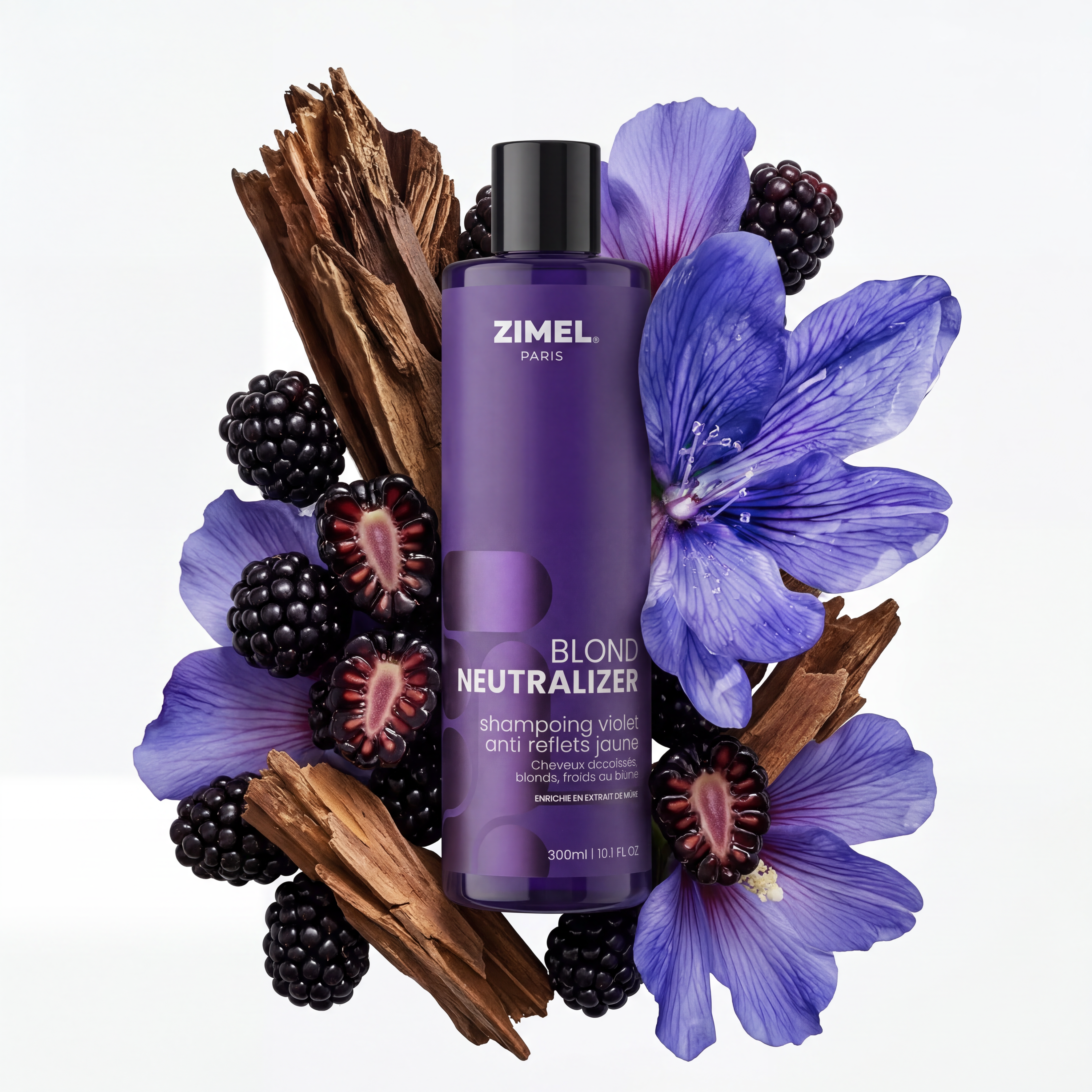 Zimel Paris BLOND NEUTRALIZER Shampoing Violet Anti Reflets Jaune 300ml bottle by ABS France Wholesale surrounded by purple flowers and blackberries on a white background
