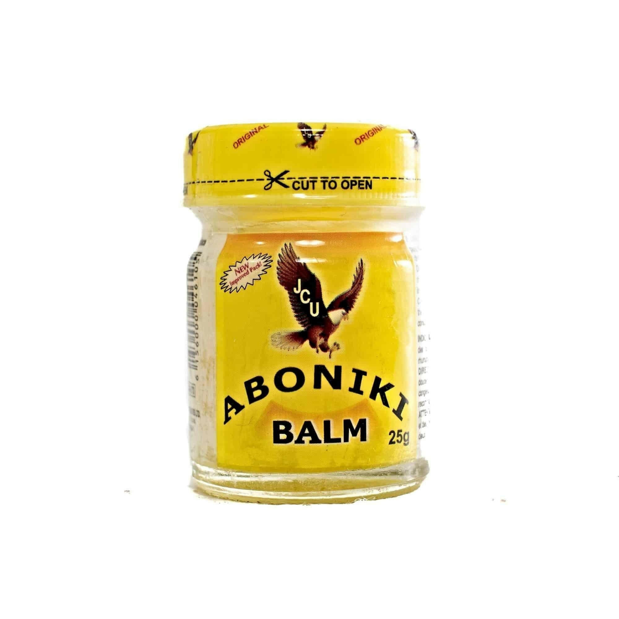 Jar of Aboniki Balm with yellow label on a white background