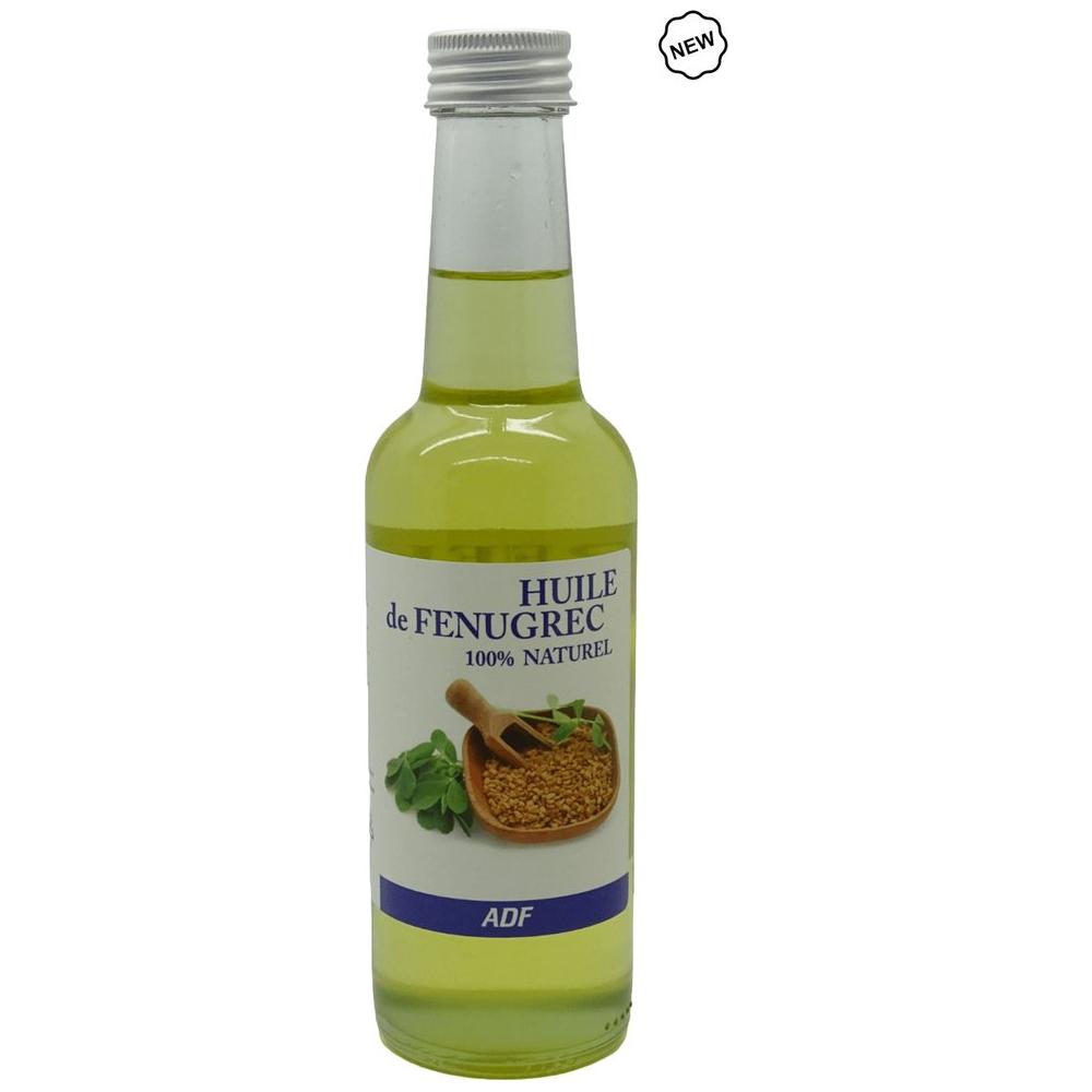 Bottle of ADF Huile de Fenugrec with a white label on a white background by ABS France Wholesale