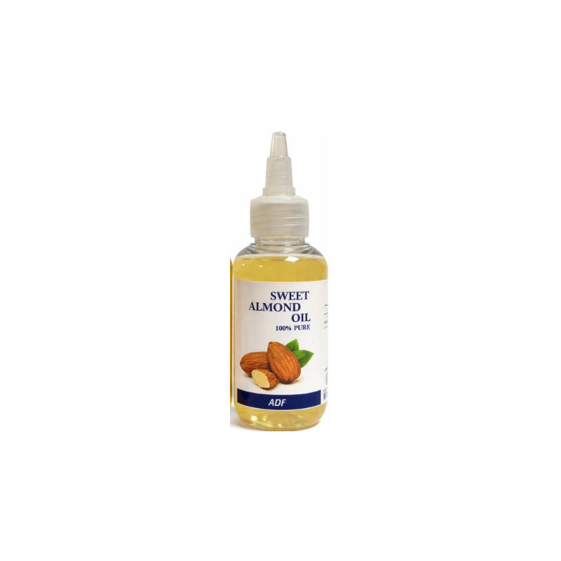 Bottle of ADF almond oil with a label on a white background by ABS France Wholesale