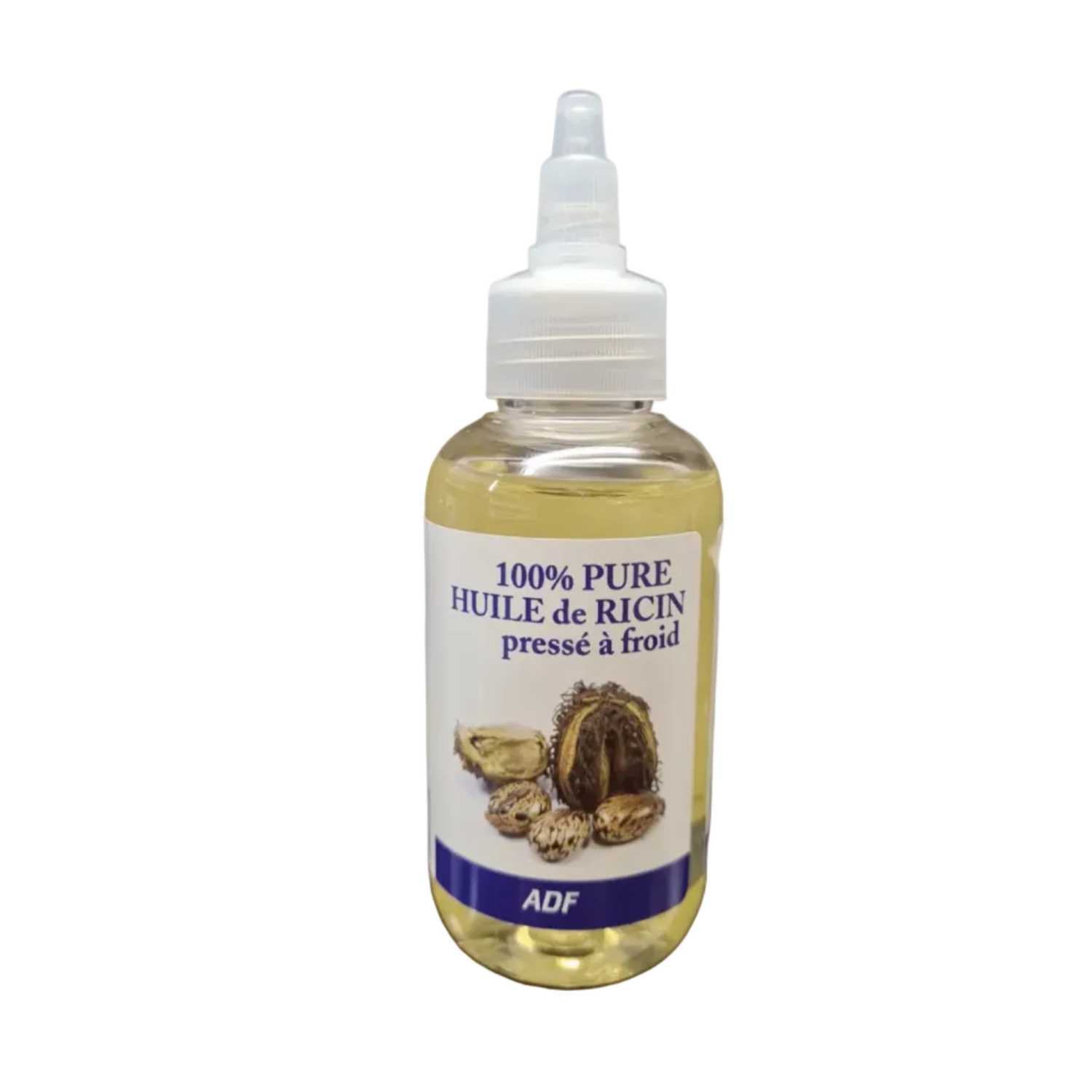 Bottle of ADF 100% pure ricin oil with a label on a white background by ABS France Wholesale