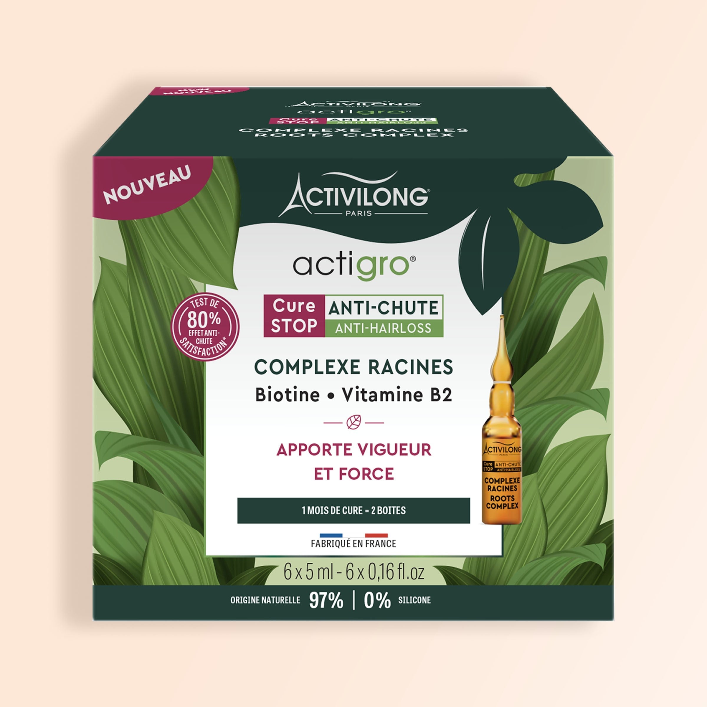 ACTIVILONG ACTIGRO Complexe Racines 30ml by ABS France Wholesale with green leaves on a beige background