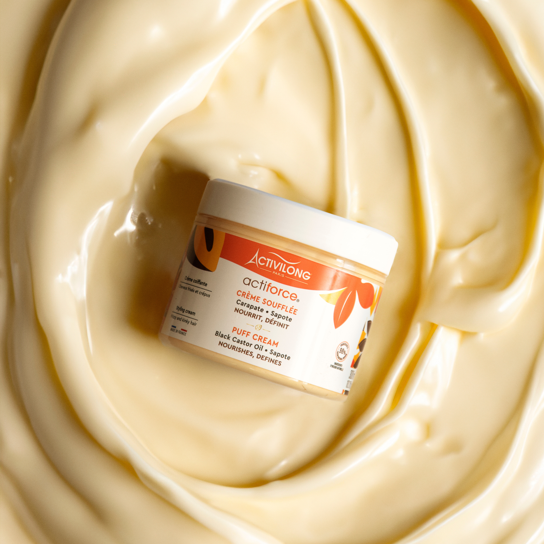 Jar of ACTIVILONG ACTIFORCE Crème Soufflée 300ml by ABS France Wholesale surrounded by creamy texture