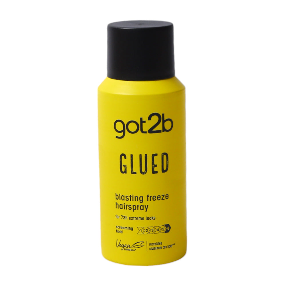 A bright yellow bottle of got2b Glued Hairspray with a black cap, shown on a plain white background.