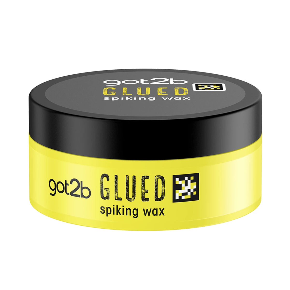 A jar of got2b Glued Spiking Wax with a bright yellow body and a black lid, shown on a plain white background.