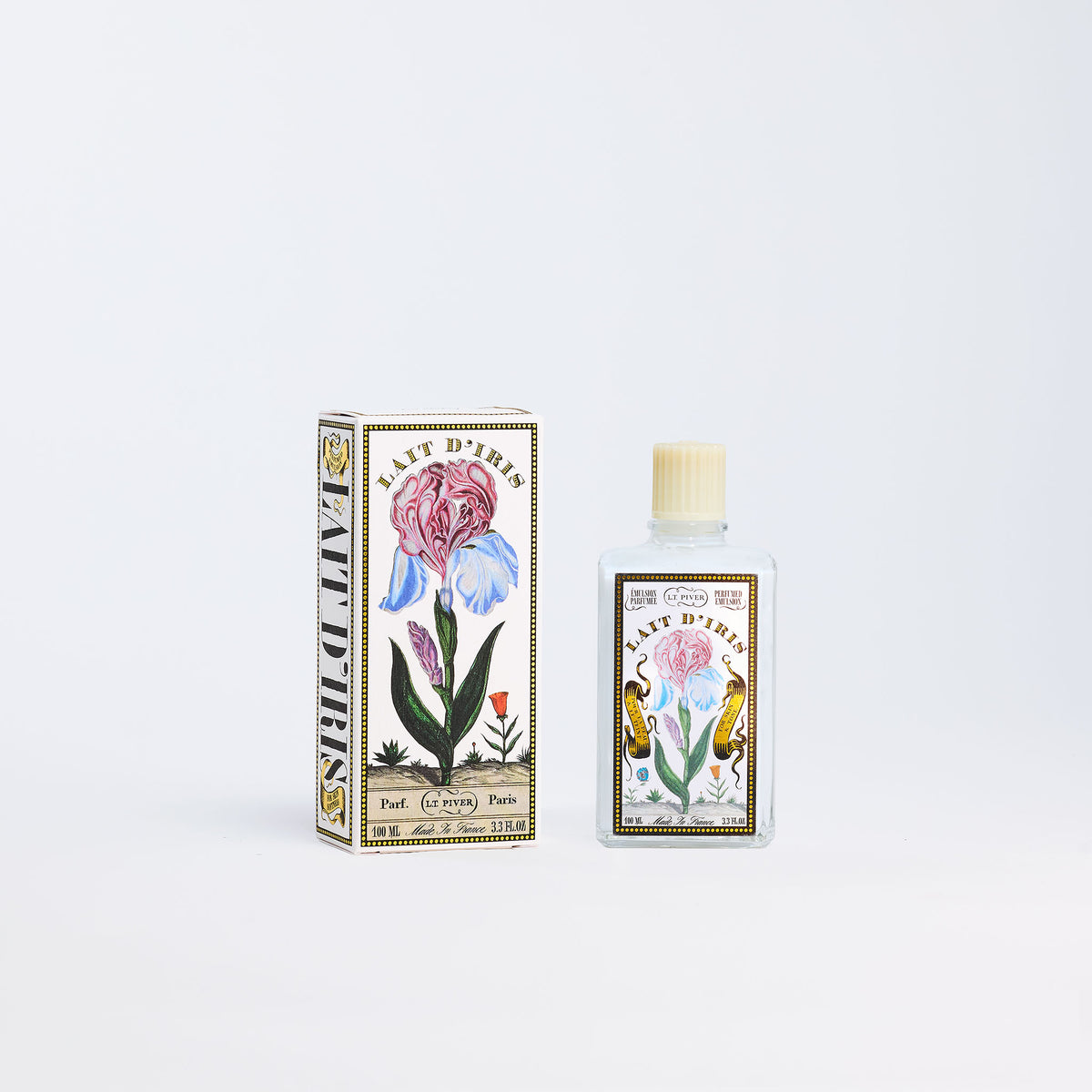 L.T. Piver Lait d'Iris 100ml Perfume bottle and packaging with floral design on a white background