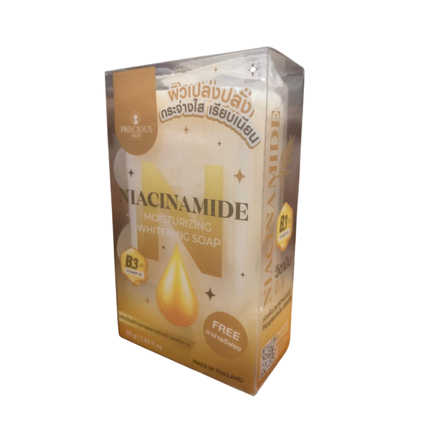 Packaging of Niacinamide moisturizing whitening soap on a white background