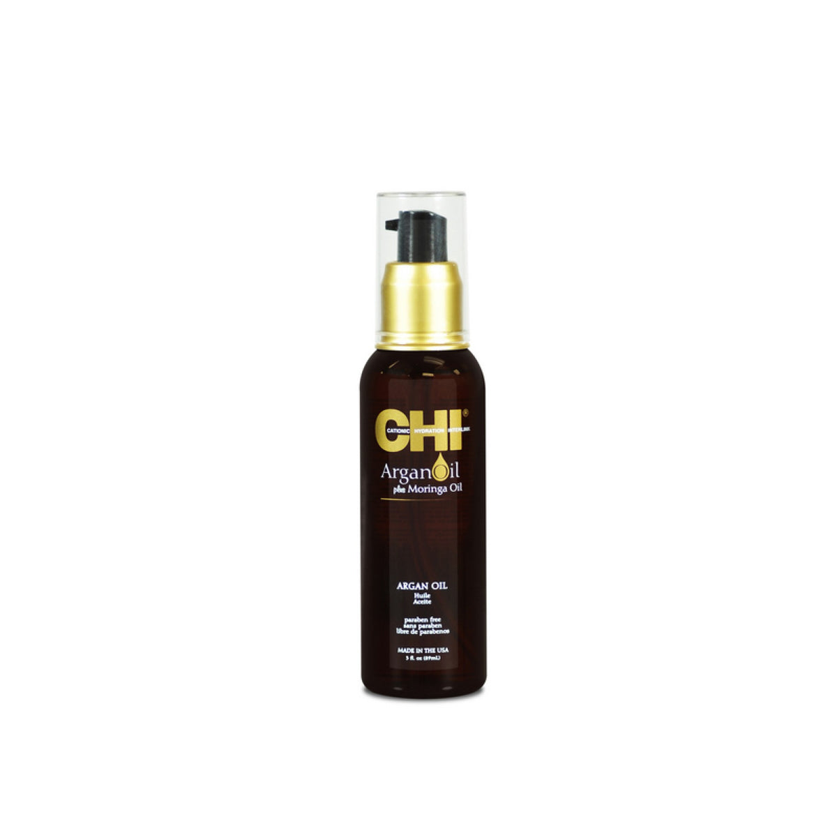 CHI Argan Oil hair Oil in a dark brown bottle with a gold pump and clear cap, centered on a white background.
